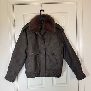 Brown Faux Leather Bomber Jacket with Fur Collar